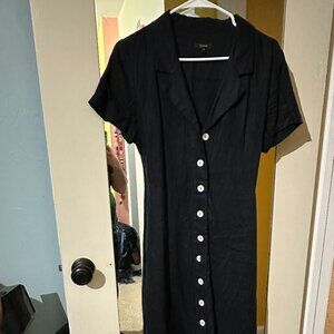100% European Linen Button Front Dress Black Medium